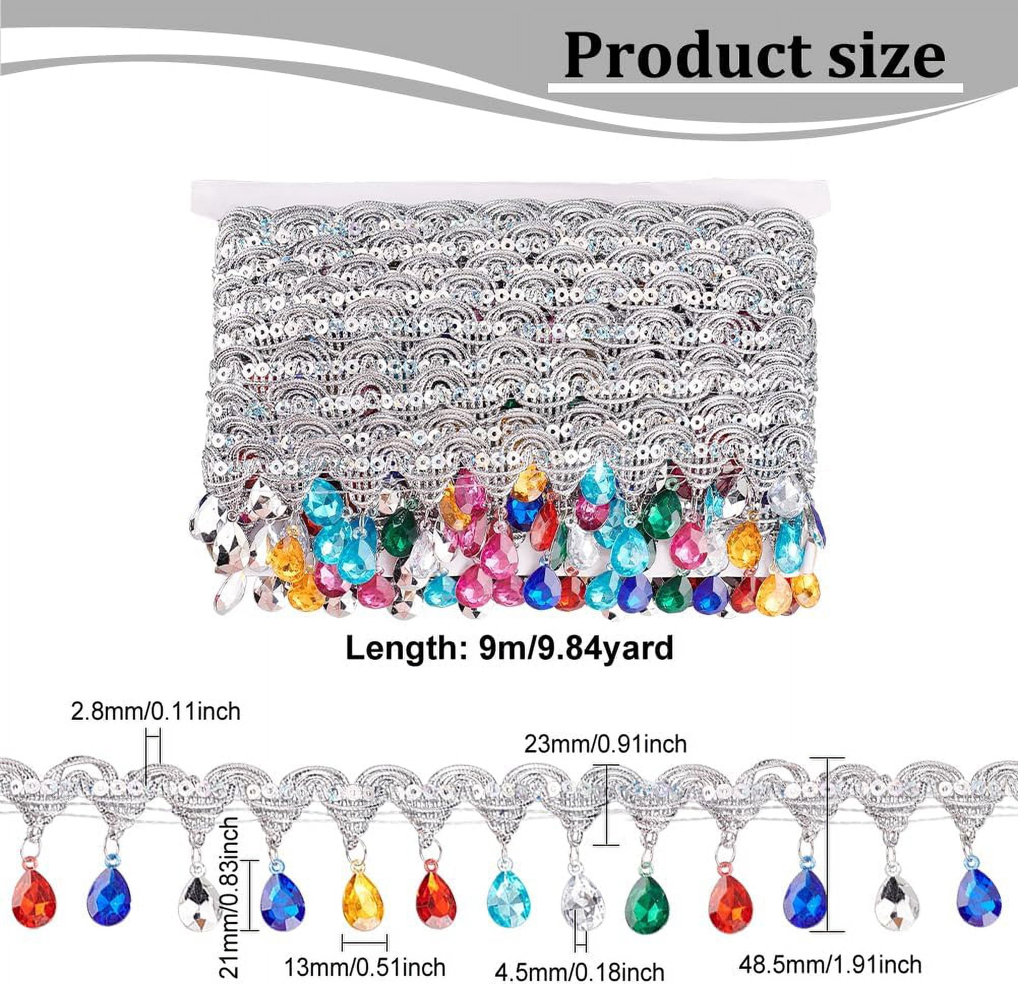 1pc Polyester Tassel Lace Ribbon Sparkle Paillette Lace Trim with Colorful Plastic Rhinestone Fringe Trimming for Garment Accessories Silver 1-7/8 inch(48.5mm) 9.84 Yards(9m)/pc