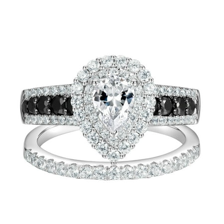 Newshe Jewellery Wedding Rings for Women AAAAA Wedding Rings Set Black and White 925 Sterling Silver Pear Cz Size 7