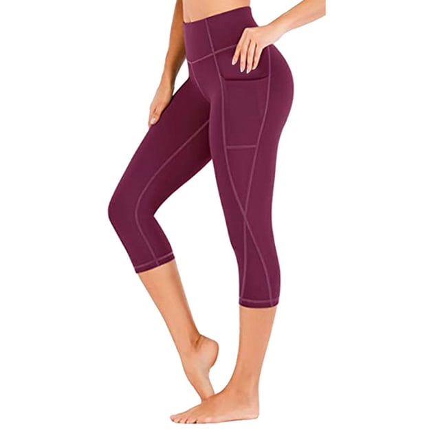 LUXUR Ladies High Waist Capri Trousers by Luxur, Tummy Control, Solid Color, Yoga Pants, M, Red