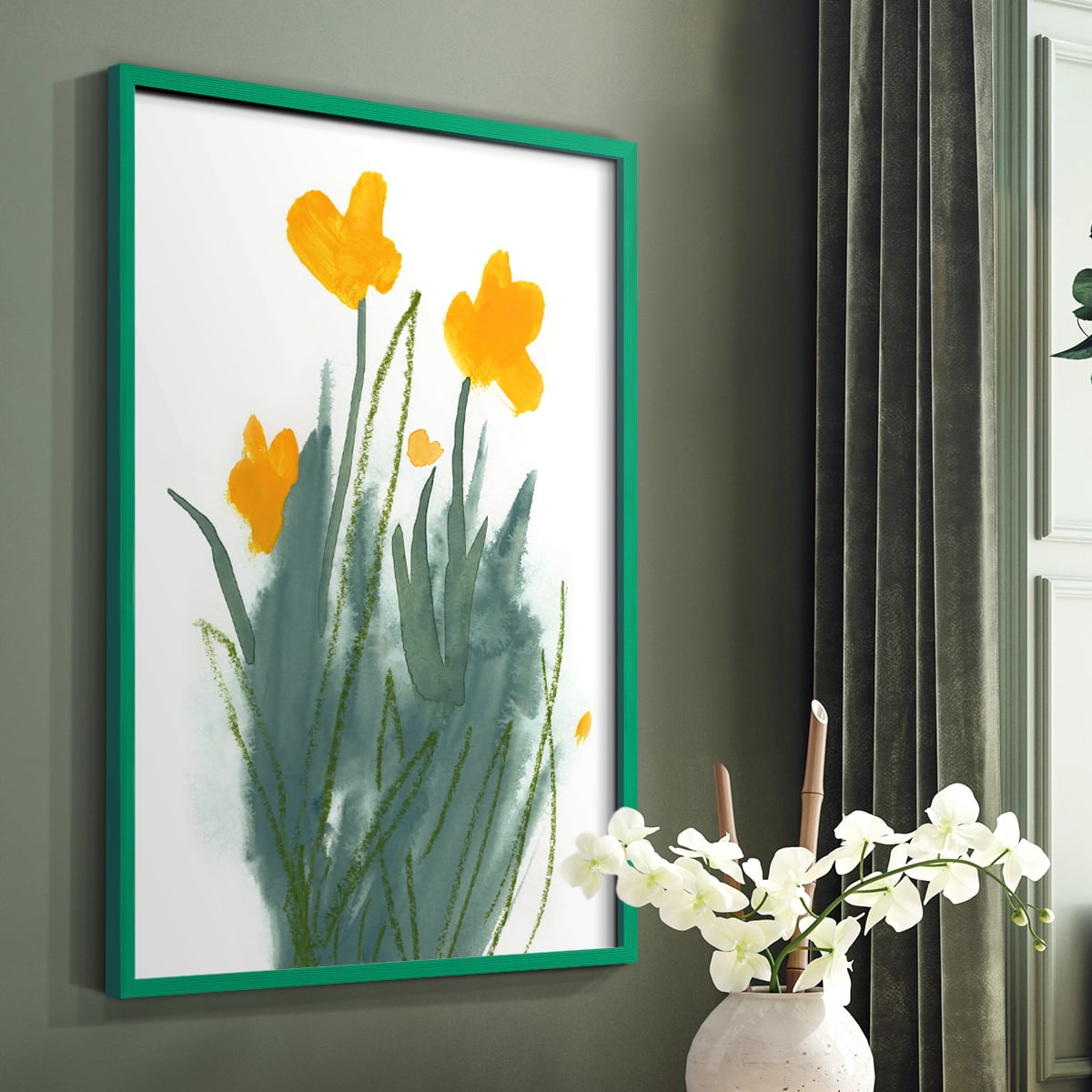 Daffodil Bunch I Framed Print in Green Solid Wood Framed Print No Nail Hanging