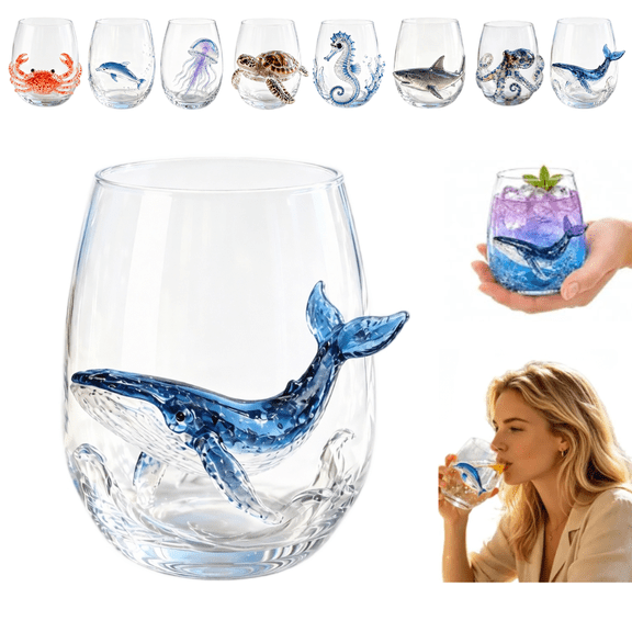 Artisanal Blue Ringed Octopus Glassware, 3D Octopuses Stemless Wine Glasses, Handcrafted Marine Animal Bar Glass for Coastal Home Decor Ocean Lovers(Whale)