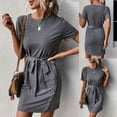 thumbnail image 3 of Bigersell Women Summer T-Shirt Dress with Belt Casual Crew Neck Short Sleeve Mini Short Dresses Solid Color Office Work Dress Evening Party Club Dress Beach Sundresses, Gray M, 3 of 6