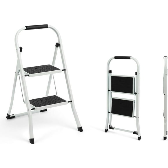 Step Ladder, 2 Step Stool Ergonomic Folding Step Stool with Wide Anti-Slip Pedal Sturdy Step Stool for Adults Multi-Use for Household, Kitchen,Office Step Ladder Stool (2 Step-White)