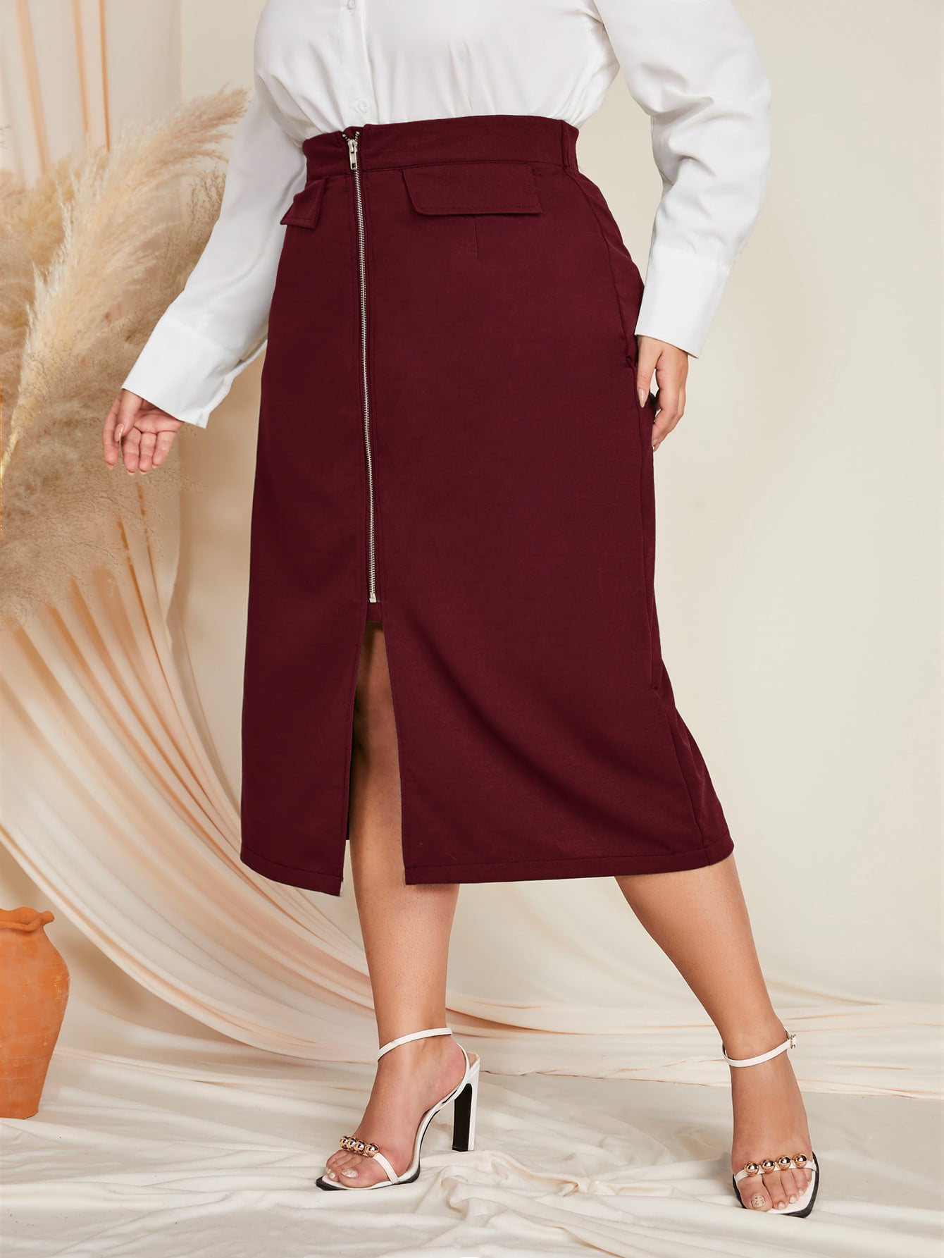 Elegant Women's Plus Solid Flap Detail Zip Up Slit Skirt 2022 Burgundy  3XL(18) S044X