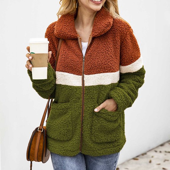 Lilgiuy Women's Winter Lapel Colorblock Long Sleeve Button Plush Jacket Tops for Basketball Football