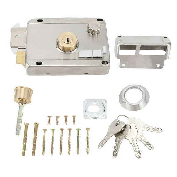 Cerradura antirrobo mecánica exterior con manija antióxido, cerradura de puerta exterior de acero inoxidable para puerta de madera, color plateado
