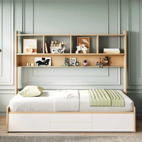 NessCarsti Wooden Twin Bed with Storage and Shelves, Modern Bedroom Furniture with Headboard Bookcase, White and Oak Finish, 76.77" L x 54.72" W x 64.76" H