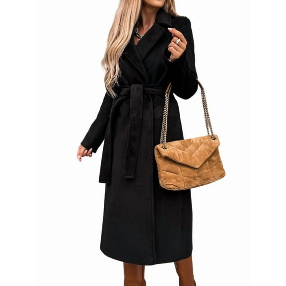 Women'S Notched Lapel Long Sleeves Slim Mid-Long Wool Blend Outerwear Casual Fall Winter Coats with Belt Black XXL