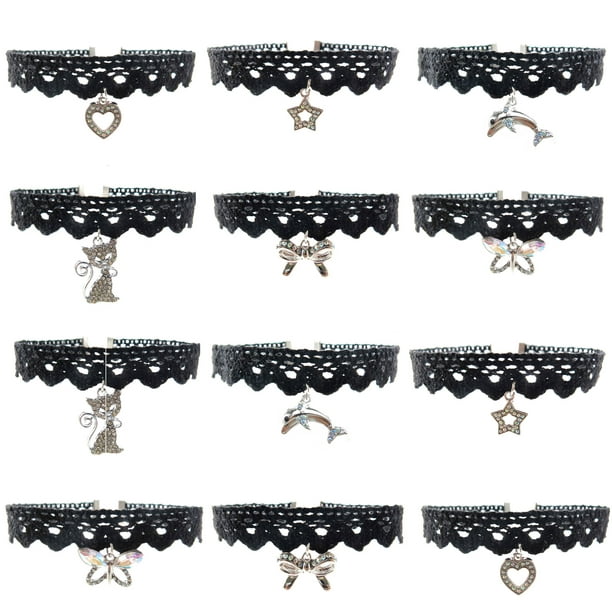 Frogsac Frog Sac Black Lace Chokers For Women And Girls With Rhinestone Pendants 12 Pack Assorted Choker Necklace Set Walmart Com Walmart Com