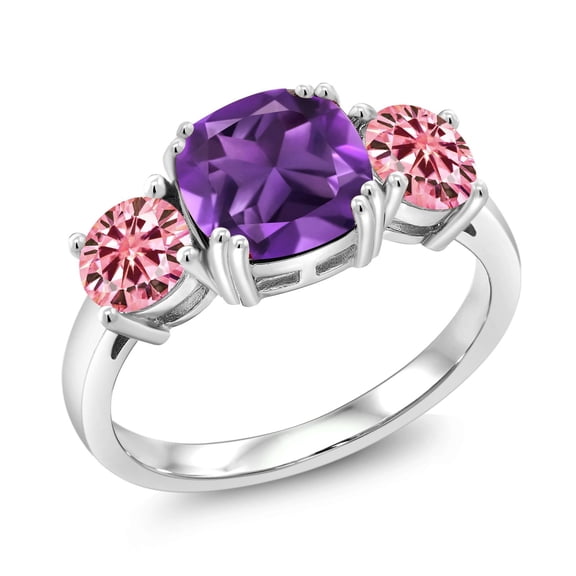Gem Stone King 925 Sterling Silver Purple Amethyst and Pink Moissanite 3 Stone Engagement Ring for Women (3.10 Cttw, Gemstone February Birthstone, Cushion 8MM, Size 7)