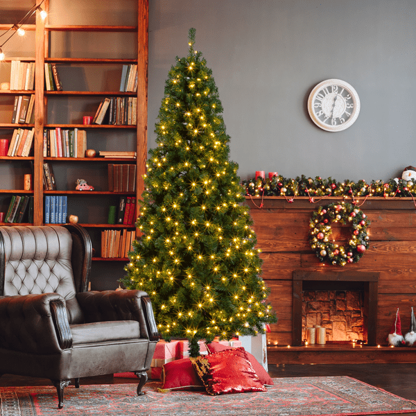 Alvantor 6 ft Artificial Christmas Tree with 1,050 PVC Branch Tips, 150 Warm White LED Lights and Remote, Green