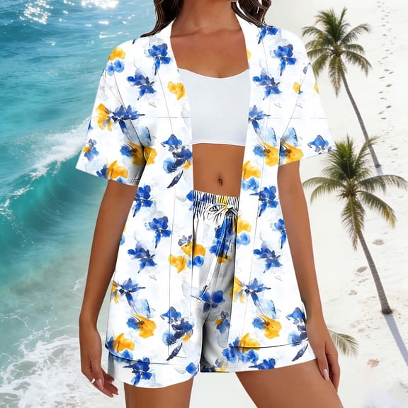 LEWKW Women's Boho 3 Piece Outfits Floral Print Kimono Cardigan Crop Top & Shorts Sets Summer Beach Vacation Lounge Wear Matching Cover up Suits