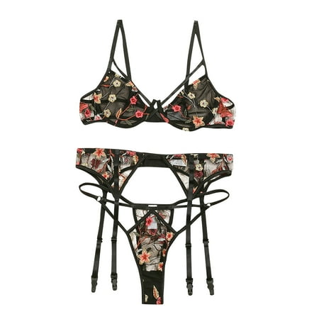 

Umitay 3pc tempting Women Embroidery Lace Bra And Thong Garter Lingerie Set Briefs Underwear S-2XL