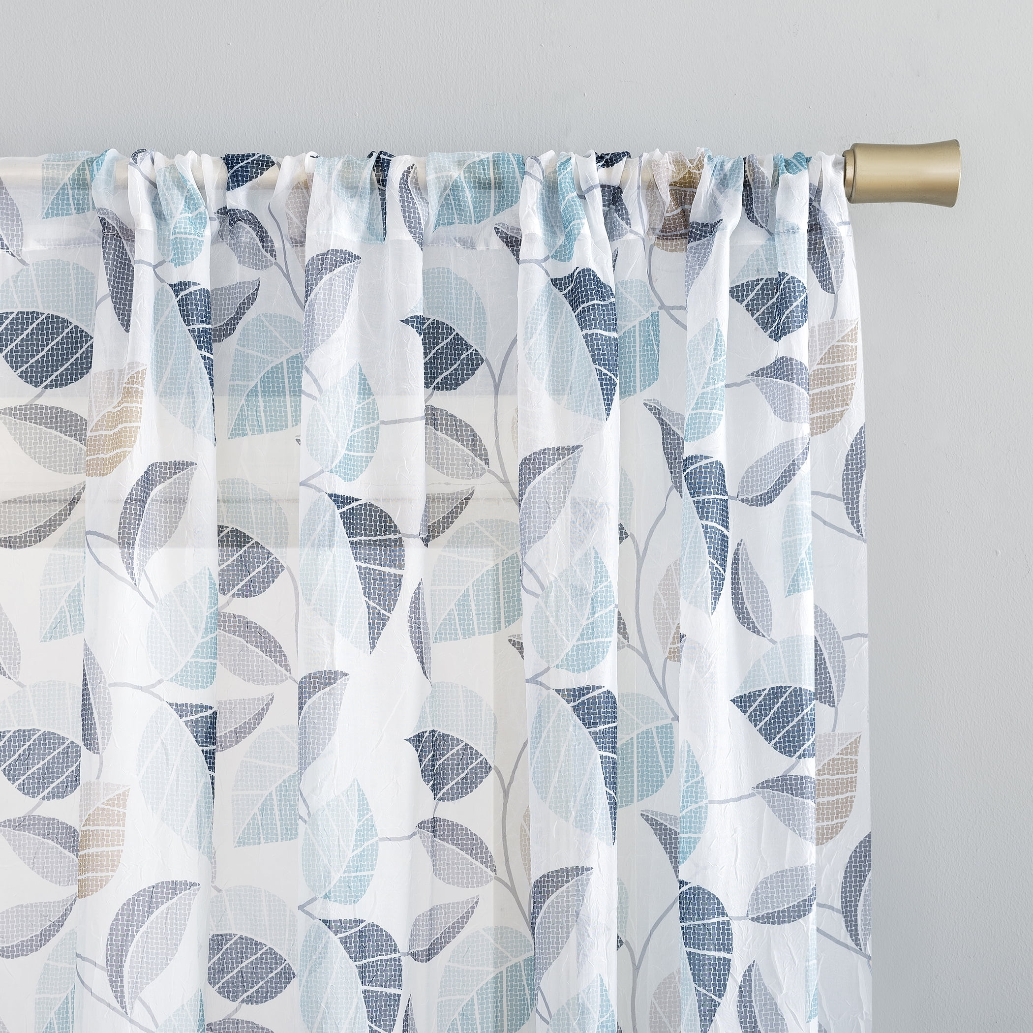 No. 918 Jamie Leaf Print Sheer Rod Pocket Curtain Panel, 51"x63", Multicolored