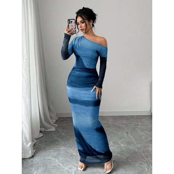 BLUE Tie-Dye Wide Shoulder Ruched Side Bodycon Dress Maxi Women Outfit