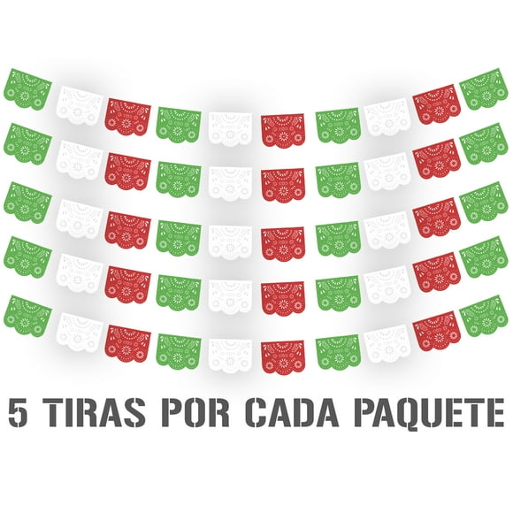 Papel picado | Guirnaldas | enramado | 5 tiras de 5 metros | diseño de destellos tricolor con colores vibrantes | colores verde, blanco y rojo | decoración de papel picado (Plástico)