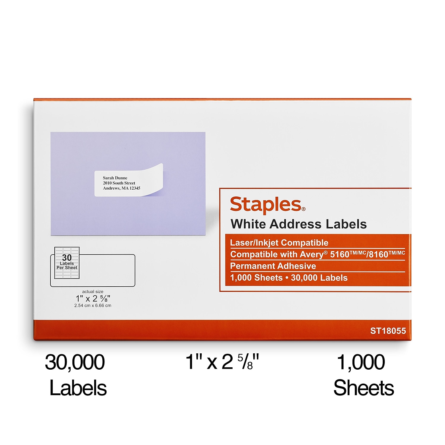 Staples Laser/Inkjet Address Labels 1" x 2 5/8" White 30 Labels/Sheet 60000/Carton ST18055-CCVS