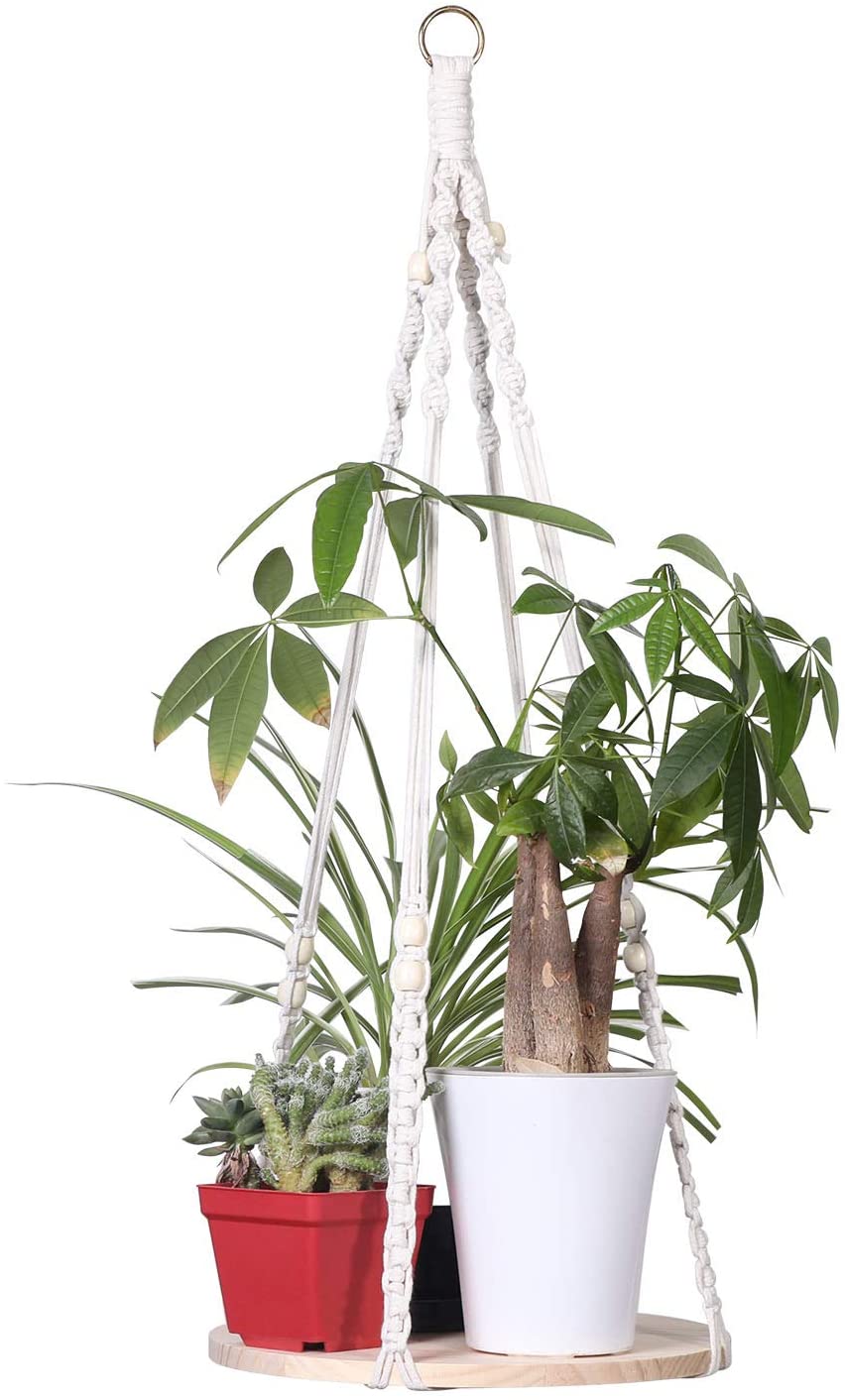 Macrame Plant Hanger with Wooden Base-Indoor Wood Hanging Shelf Flower