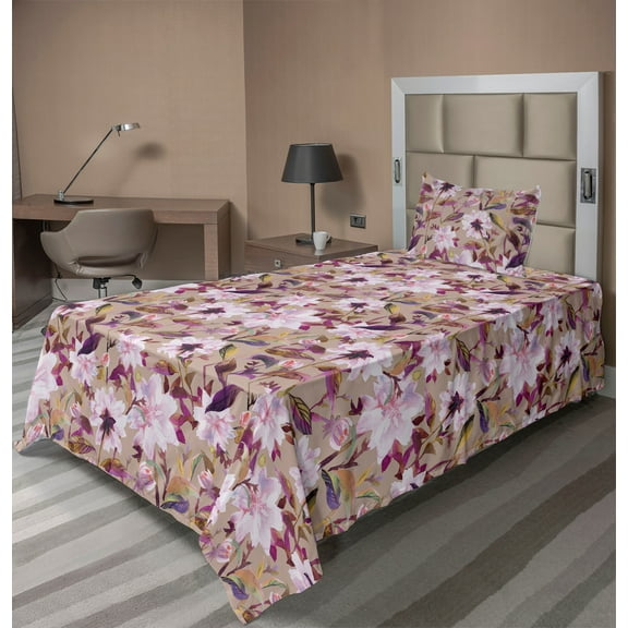 Ambesonne Floral Fitted & Flat Sheet with Sham 3 Pcs Set, Aster Flowers Botanical Plot, Twin, Dried Rose and Soft Pink