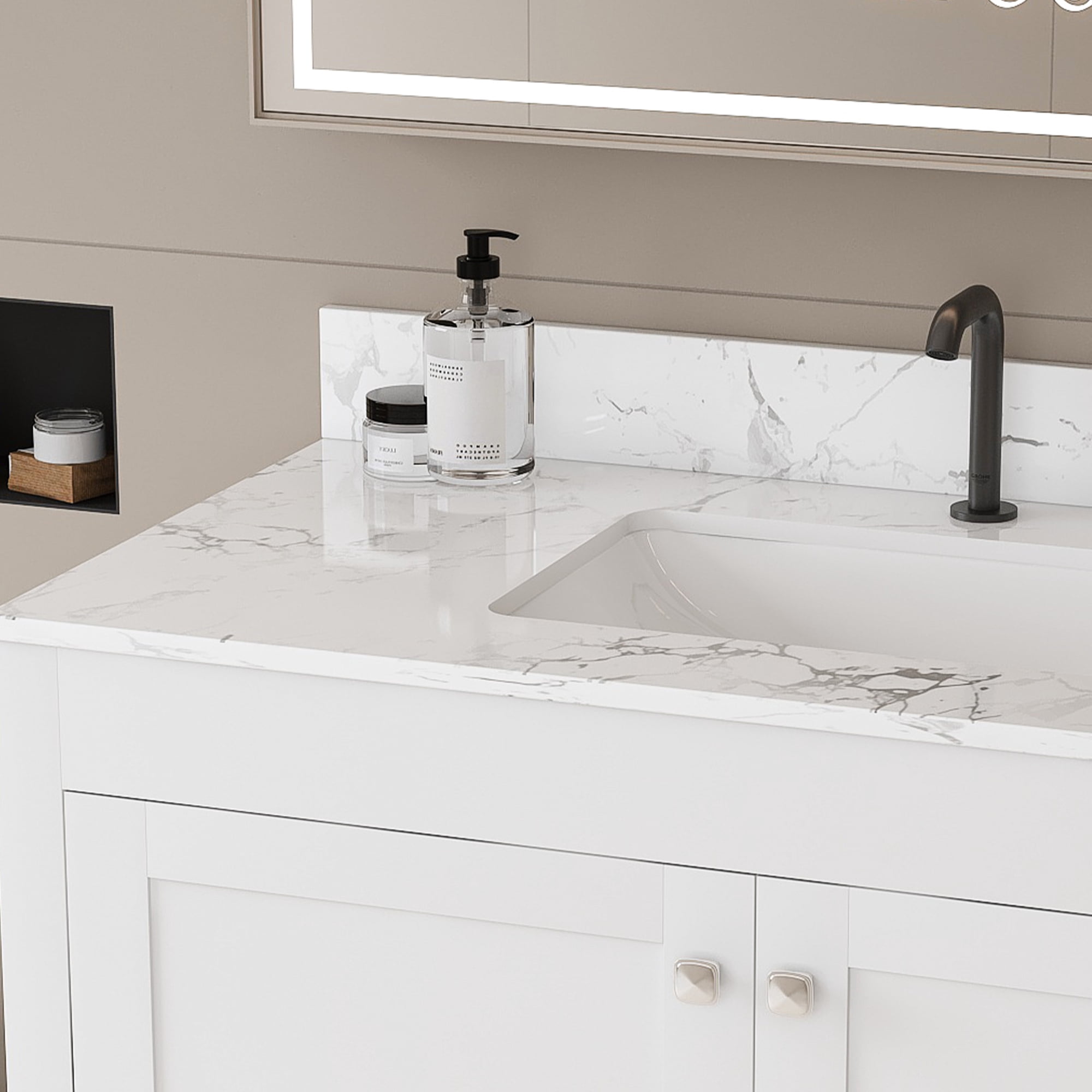 Mintazer 43 Inch Bathroom Vanity Cabinet with Sink, Bathroom Storage Cabinet with Drawer & Single‑Hole Marble‑Pattern Vanity Top for Bathroom, White