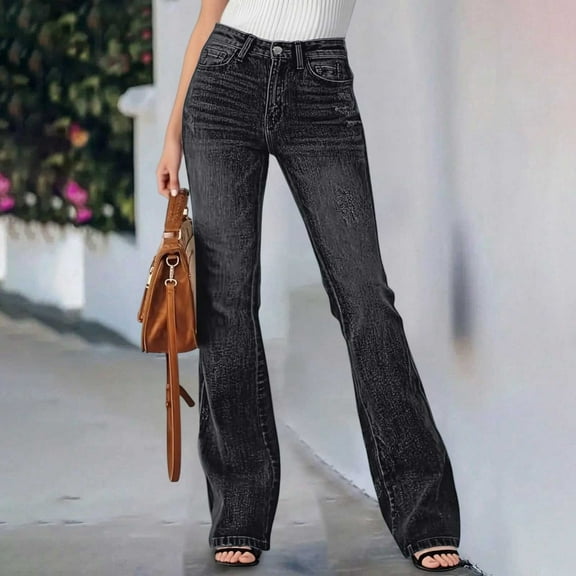 TrendOFT Womens Flare Jeans Stretch High Waisted Wide Leg Bell Bottom Jean for Women Baggy Denim Pants Black L