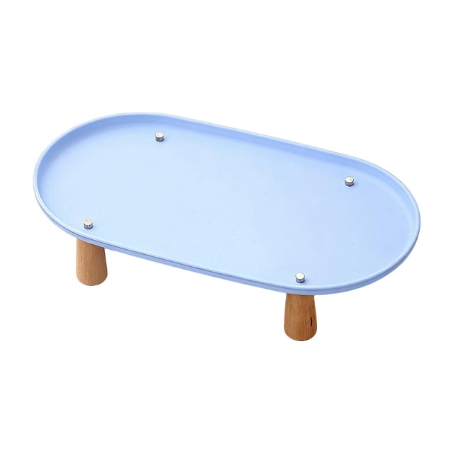 Soporte elevado para comedero de gatos, de plástico antiderrame y con base de madera. Azul 38cmx21cm