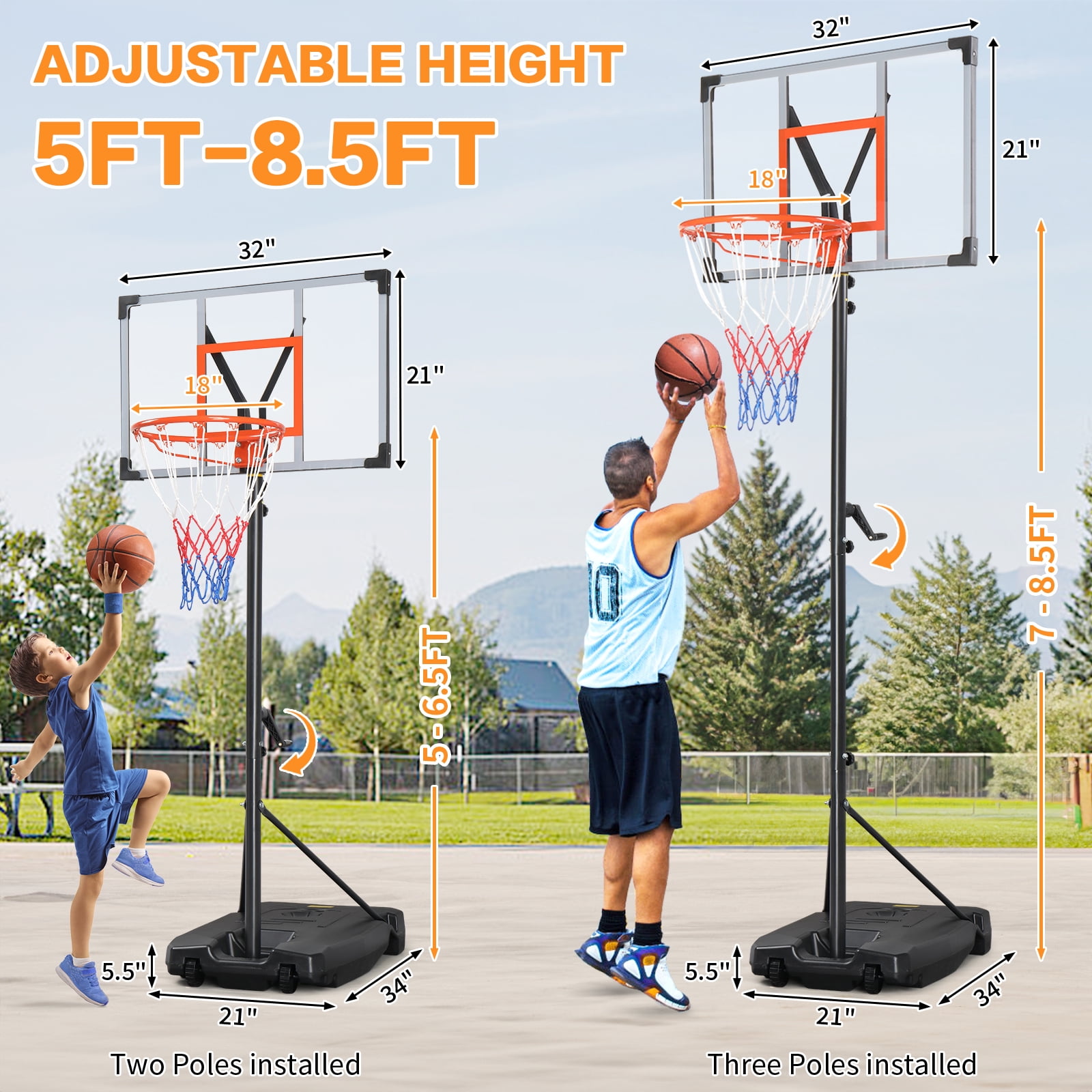 Ktaxon 33in Portable Basketball Hoop Outdoor, 5-8.5FT Adjustable Handle Basketball Hoop Goal System for Adults