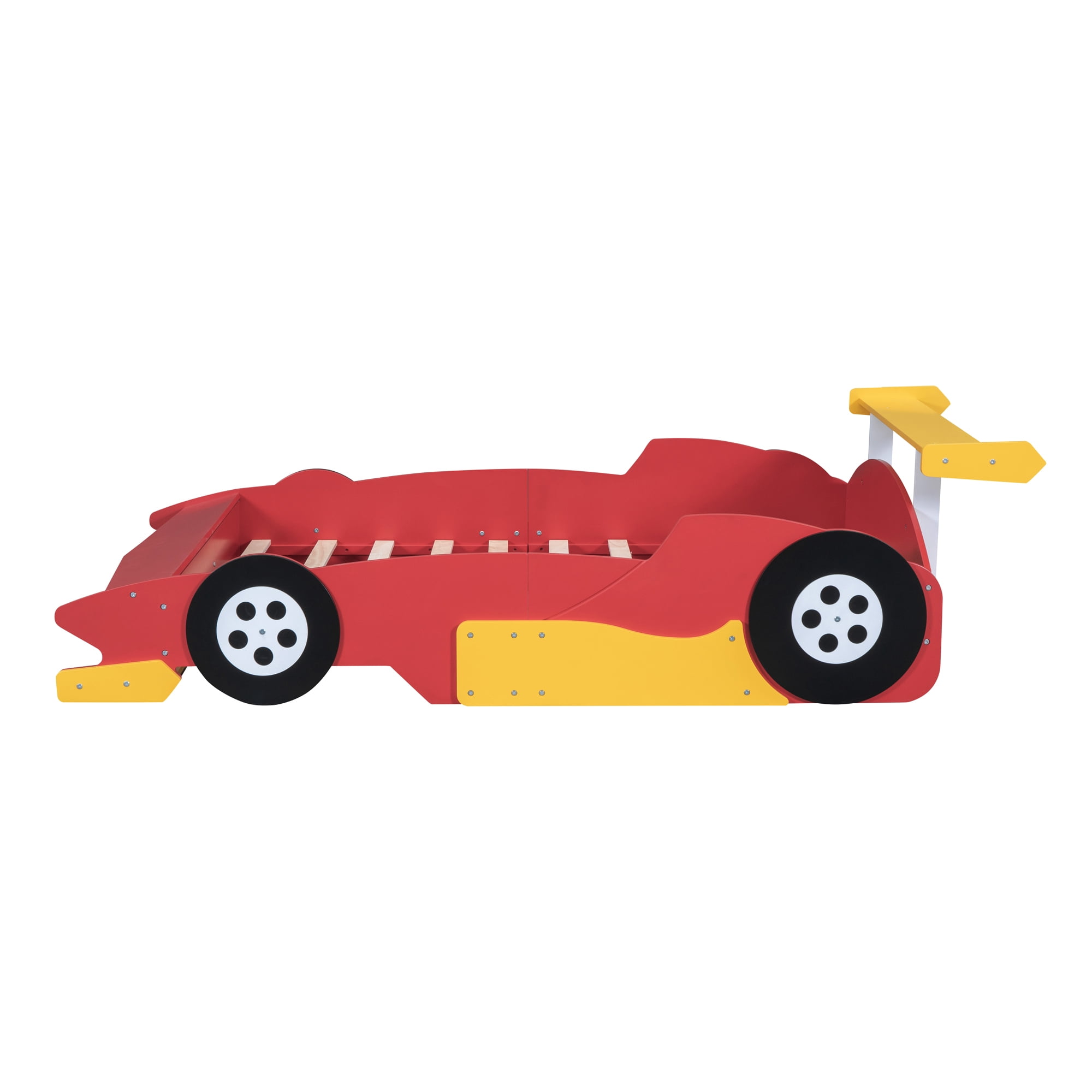 Full Size Race Car-Shaped Platform Bed with Wheels, Unique Race Car Design with Side Rails, Sturdy Plywood Construction, No Box Spring Needed, for Bedroom, Red