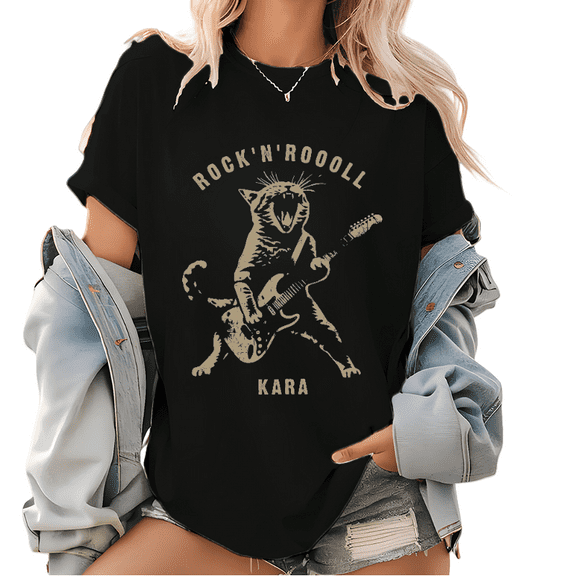 Funny Cat Band T-Shirt - Rockstar Feline Guitarist Graphic Tee, Purr-fect Gift for Cat Ladies, Soft Vintage Music Lover Tops