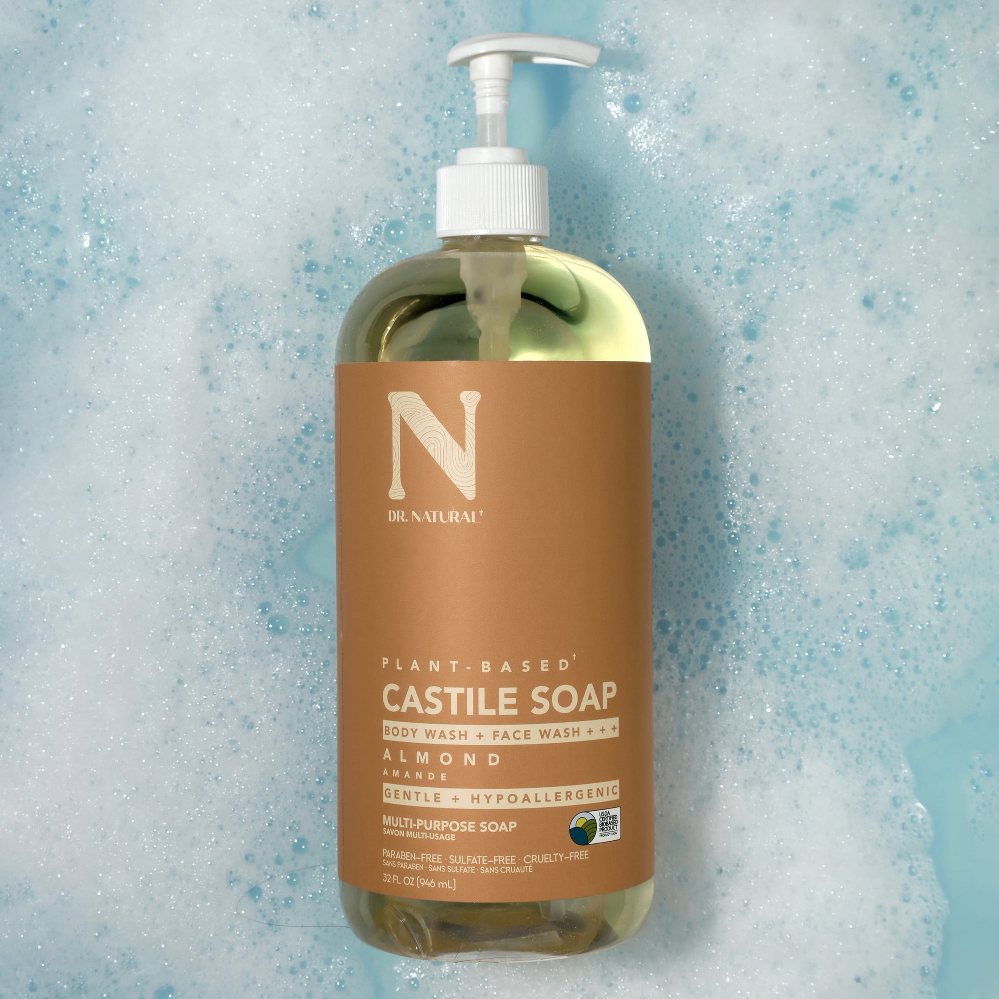Dr. Natural Castile Liquid Soap, Bathroom Soap, Almond, 32 oz, 2 pk