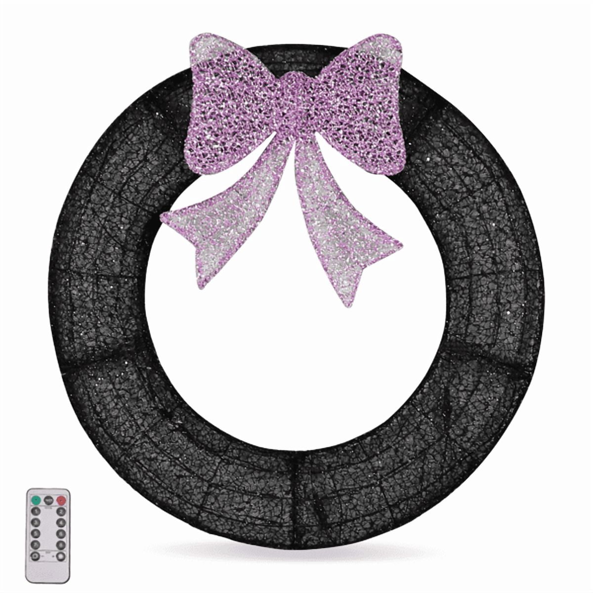 Alvantor 36 in Pre-Lit Christmas Wreath with 165 Purple and Orange LED Lights, Purple Bow, Remote Control and Timer, Black