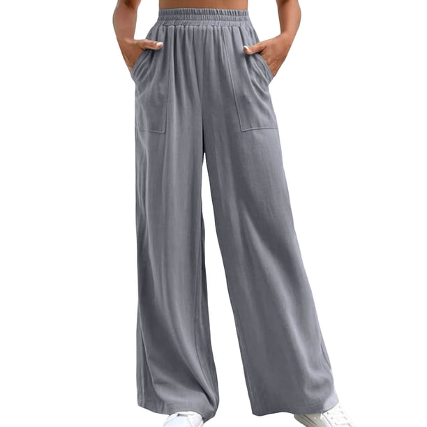 Gibobby pantalones de mujer de vestir Pantalones casuales deportivos holgados de pierna recta Pantalones anchos de color sólido de talle medio (Gris, M)