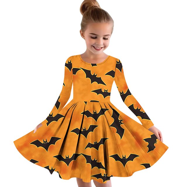 Robe Automne Hiver pour Fille 4-14 Ans Robe Princesse Imprimée Halloween Manches Longues Col Rond Multicolore