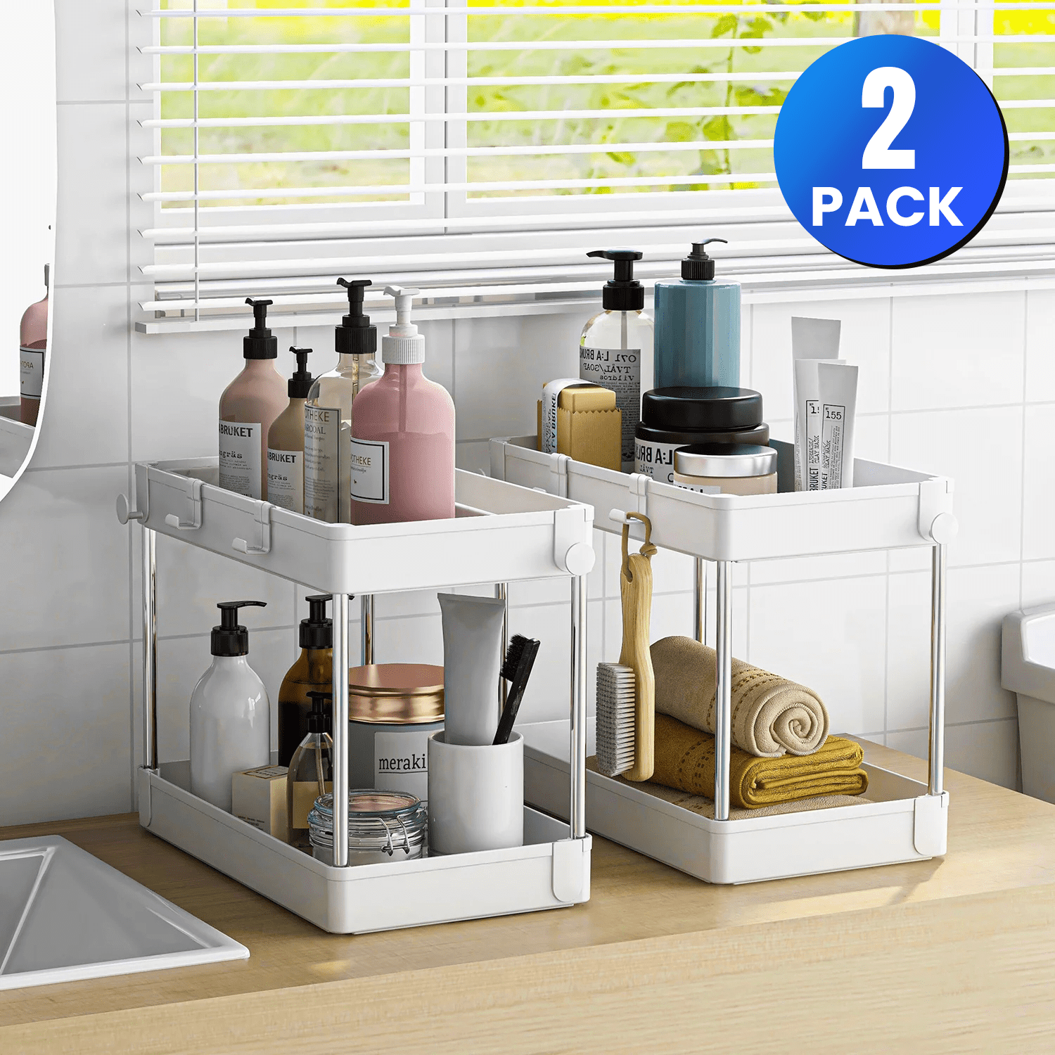 WALL QMER 2 Pack Under Sink Organizer, 2 Tier Bathroom Organizer with 2 ...