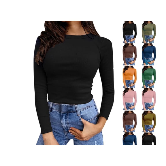 pstuiky Women's Long Sleeve Shirts for Women Knit Slim Fitted Crewneck Casual Basic Top Dressy T-Shirt for Fall Outfits Going out Tops