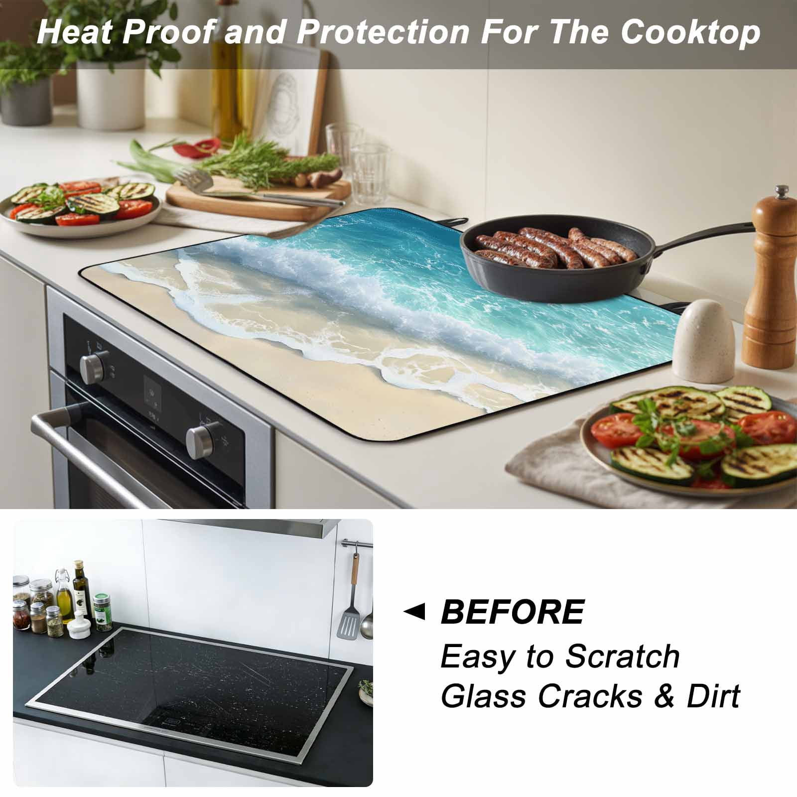Aqua Blue Beach Stove Top Cover for Electric Stove, Heat-proof & Non Slip Glass Top Stove Cover Protector, Coastal Seawaves Sand Shore Scenery Kitchen Flat Cooktop Rubber Mat 24x21 Inches