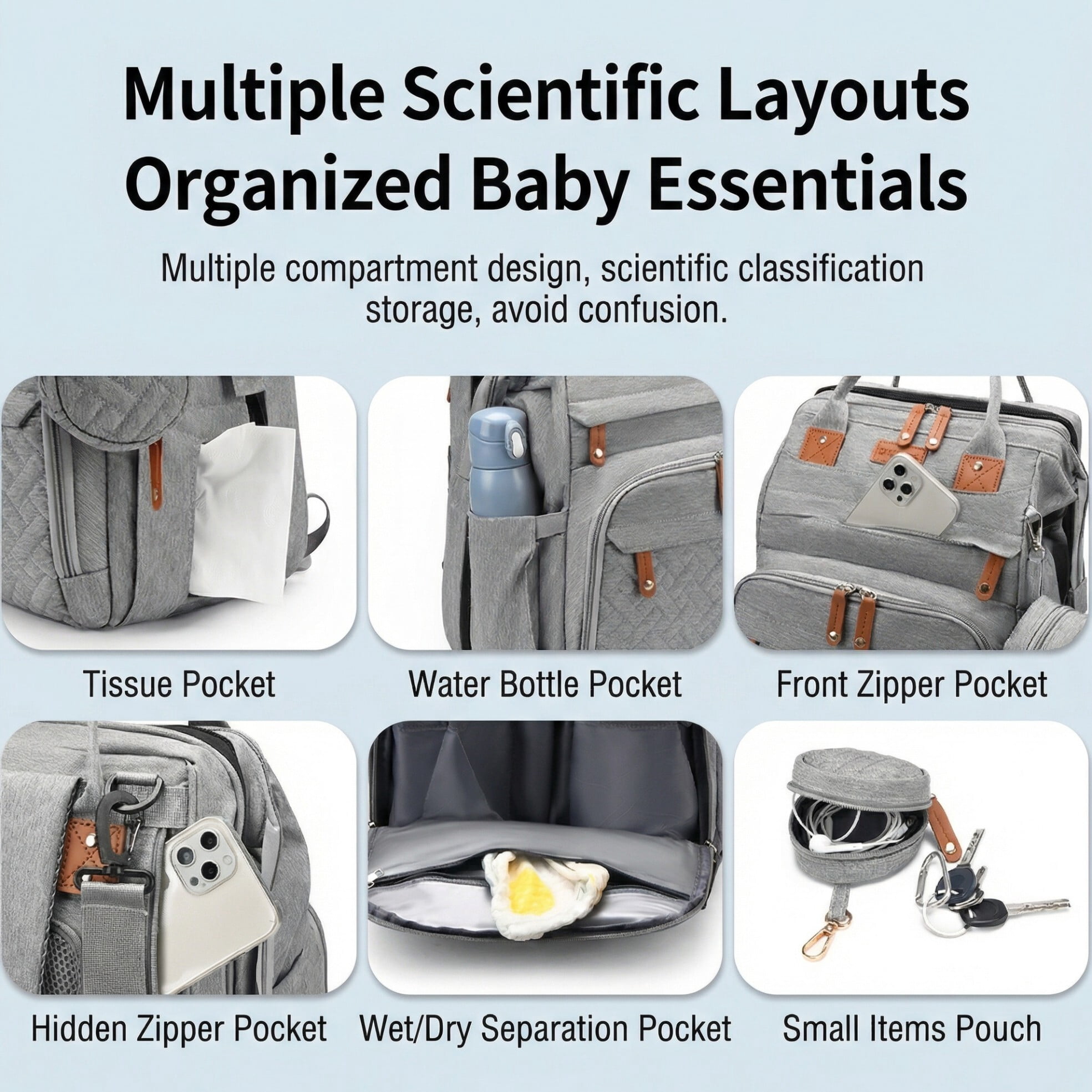 Multi-functional diaper backpack with changing pad, foldable crib, insulated bag, and USB charging port. A large-capacity travel bag suitable for parents, in gray.