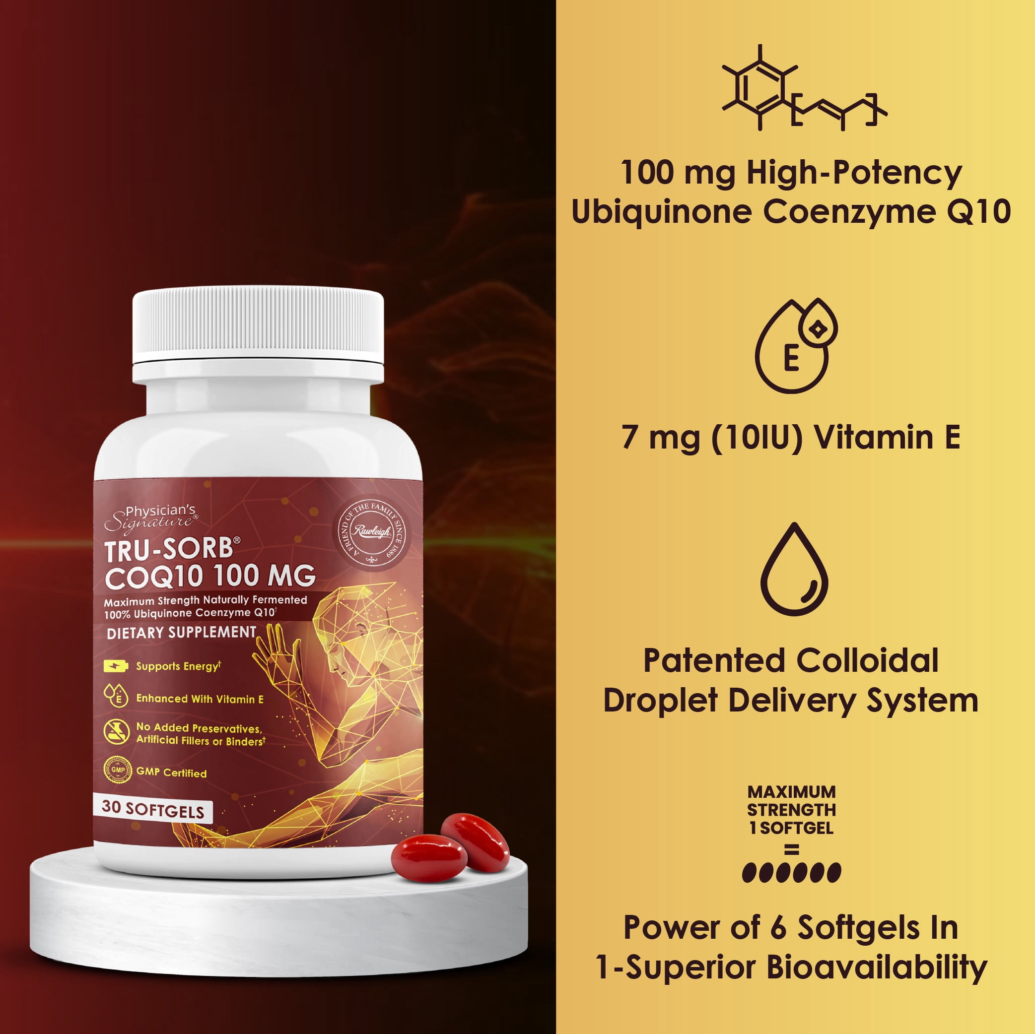 Rawleigh Tru-Sorb COQ10 100mg Softgels Ubiquinone coenzyme Q10 for Hearth Health, 30 Count