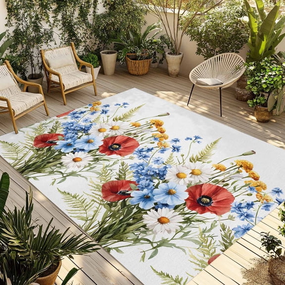 Fsddascl Red Flower Outdoor Rug for Patio/Deck/Porch, Non-Slip Large Area Rug 5 x 8 Ft, 4th of July Patriotic Blue Poppy Floral Daisy Indoor Outdoor Rugs Washable Area Rugs, Camping Rug Carpet