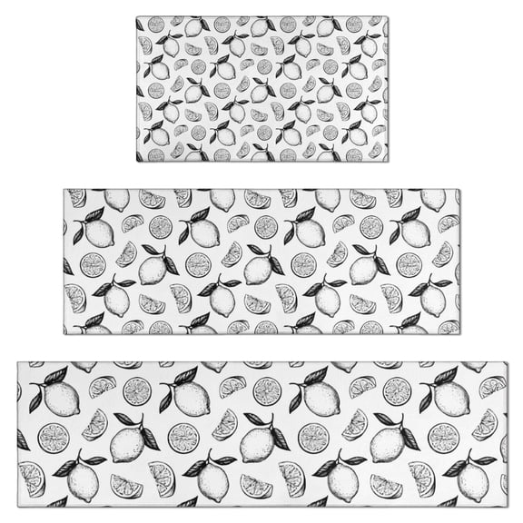 BlackWhite Lemon Fruit Slices White Pattern Kitchen Rugs Sets Of 3,Kitchen Runner Rugs Non Skid Washable,Decorative Kitchen Floor Mats for Kitchen,Sink,Laundry,17"x30" 17"x47" 17"x59"