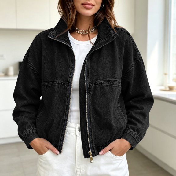 ClodeEU Women's Collared Zip Up Long Sleeve Cropped Denim Bomber Jacket,Casual Loose Daily Outerwear ,Women's Plus L