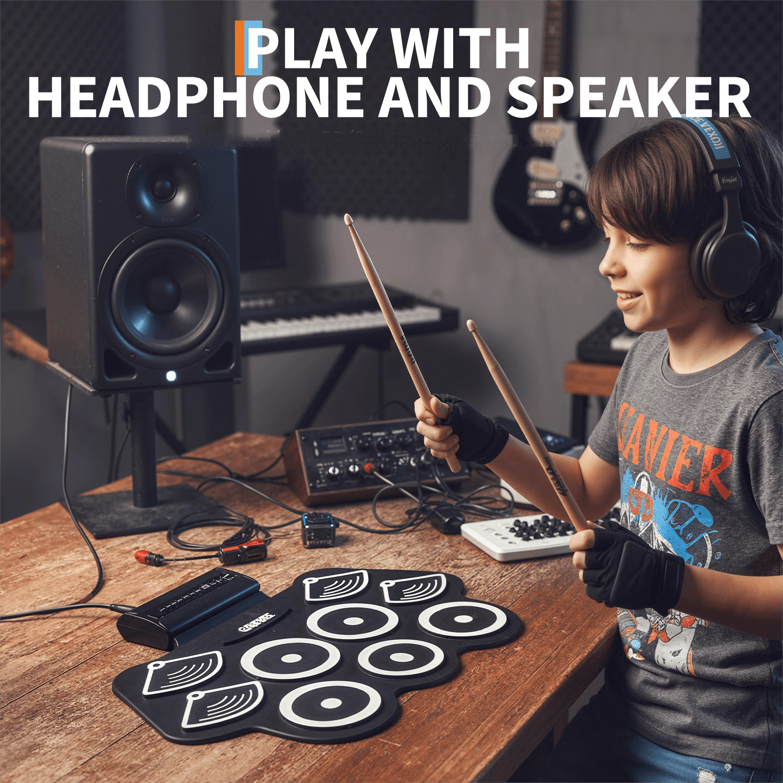 Electronic Drum Set 9 Pads Roll Up Drum Kit With Free App, Dual Built-In Speakers, Drum Sticks Pedals, Bluetooth MIDI, Great Christmas & Birthday Gift For Kids and Beginners