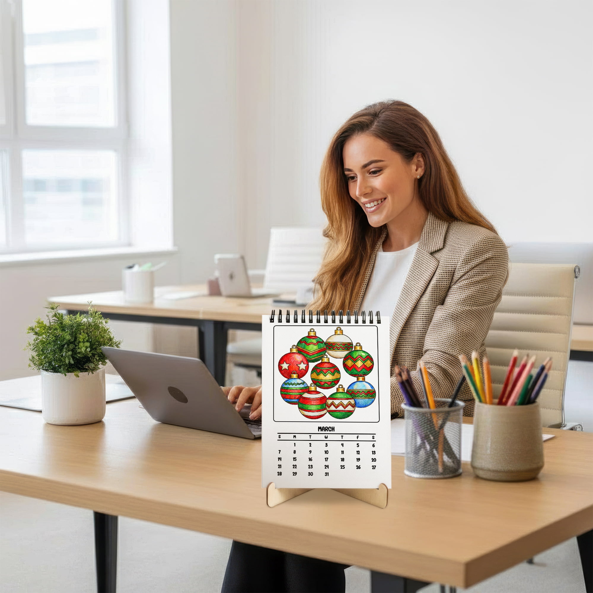 Comfy Patterns Coloring Desk Calendar 2026–2027, A5 Wooden Cover Planner with 26 Easy Coloring Pages for Adult Relaxation, 24 Month Desktop Calendar with Stand, Gift for Family & Friends