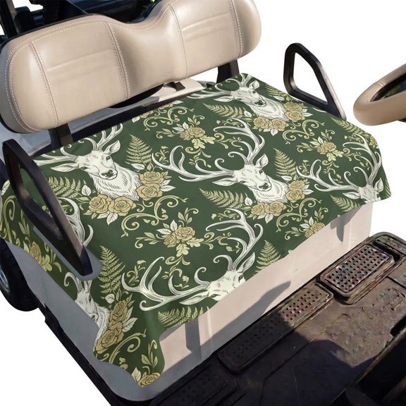 Golf Cart Seat Cover Floral Elk Head Club Car Golf Cart Seat Covers Soft Absorbent Golfcart Towel Blanket Green Leaves Rose Animal Golf Seat Covers for Cart Decor Fits 2 & 4 Passenger 51"x31"
