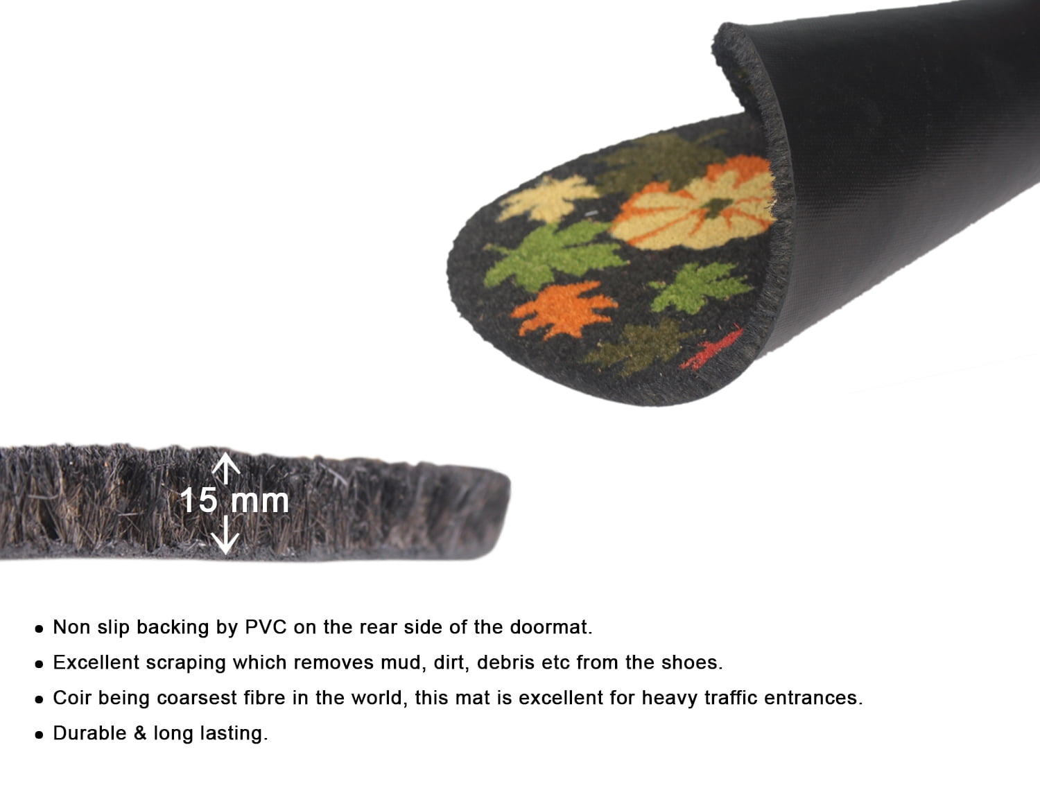 RugSmith Anti-Slip PVC Coir Machine Doormat Tufted Flower Oval, Black, 18"x30"