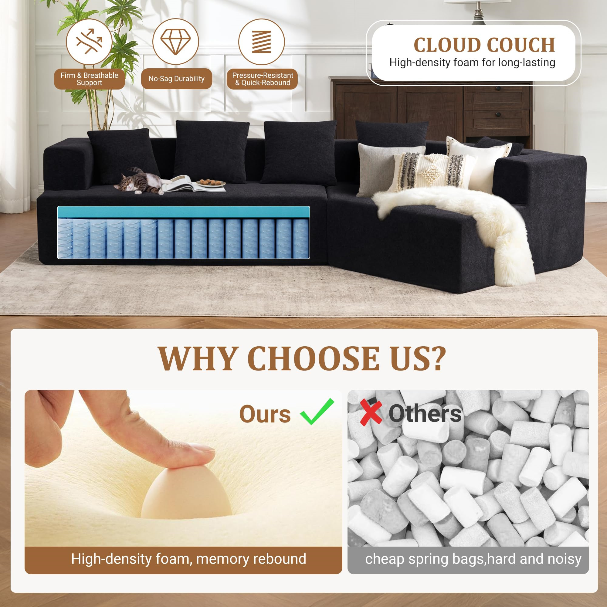 Aukfa 130" Oversized Modular Sectional Sofa Boneless Sofa with Chiase, 5 Pillows, Chenille, Black