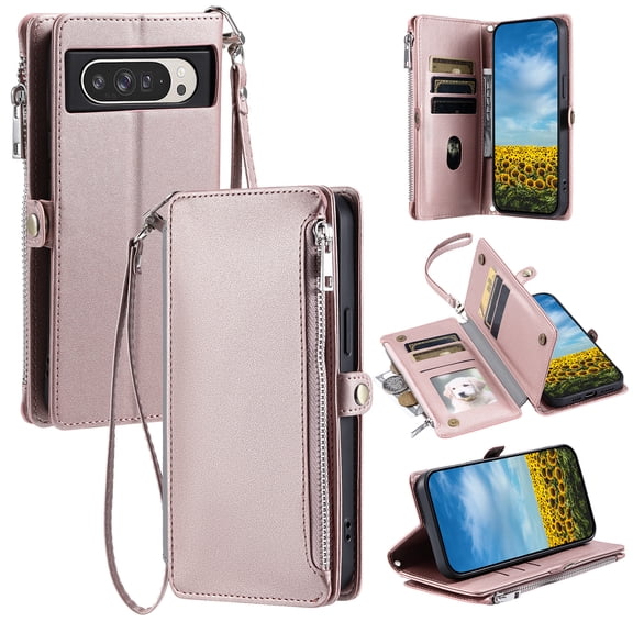 Allytechgroup Case for Google Pixel 9A, Crossbody Strap Cell Phone Bag PU Leather RFID Blocking Cards Slots Zipper Pocket Hand Wrist Protective Stand Lightweight for Women Girls, Rosegold