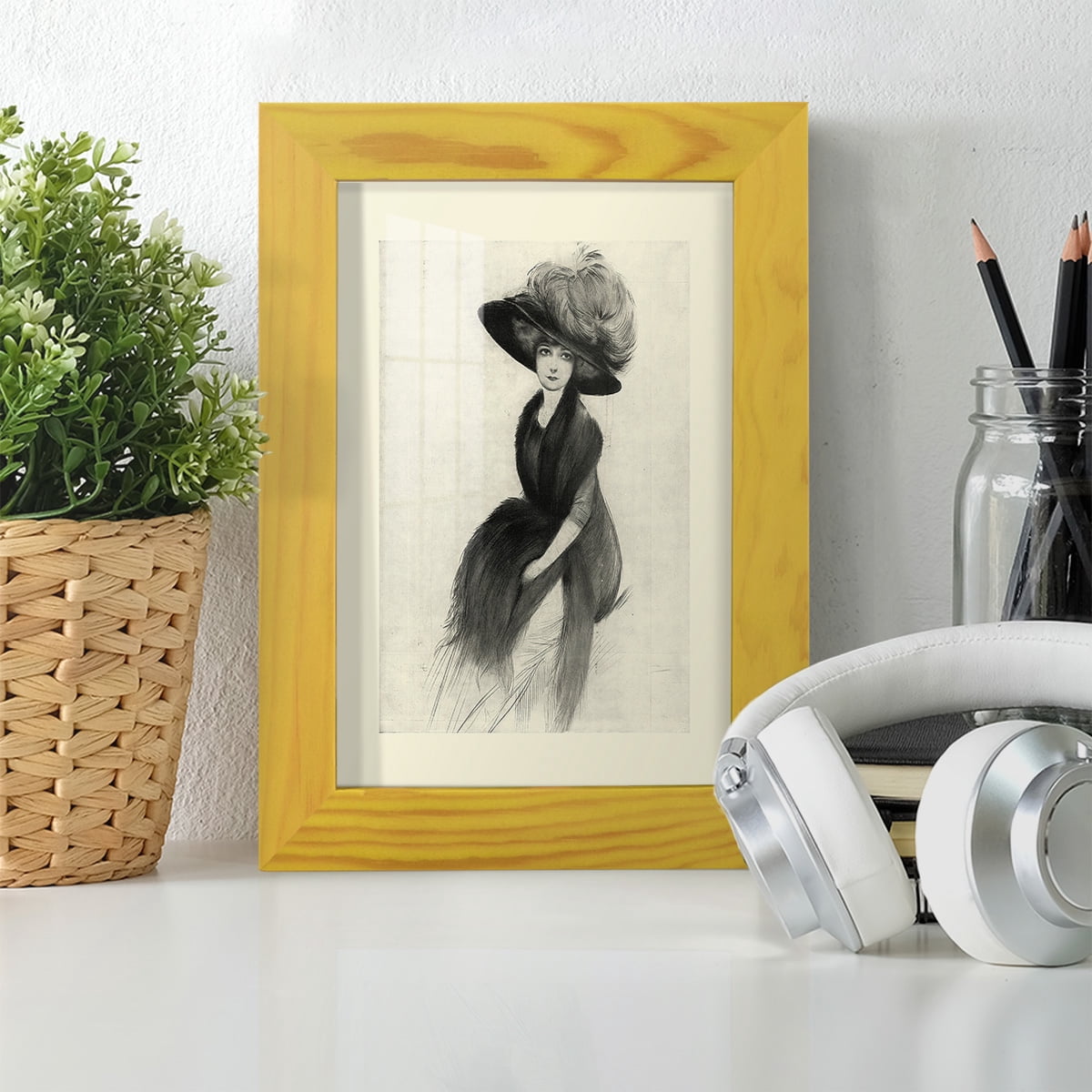 Feather Hat II -Framed Print w/glass-Sunflower Yellow