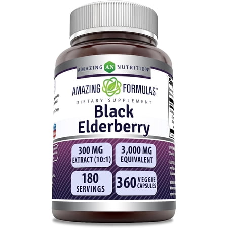 Amazing Formulas Black Elderberry 3000Mg Per Serving 360 Veggie Capsules Supplement | Non-GMO | Gluten Free| Suitable for Vegetarians