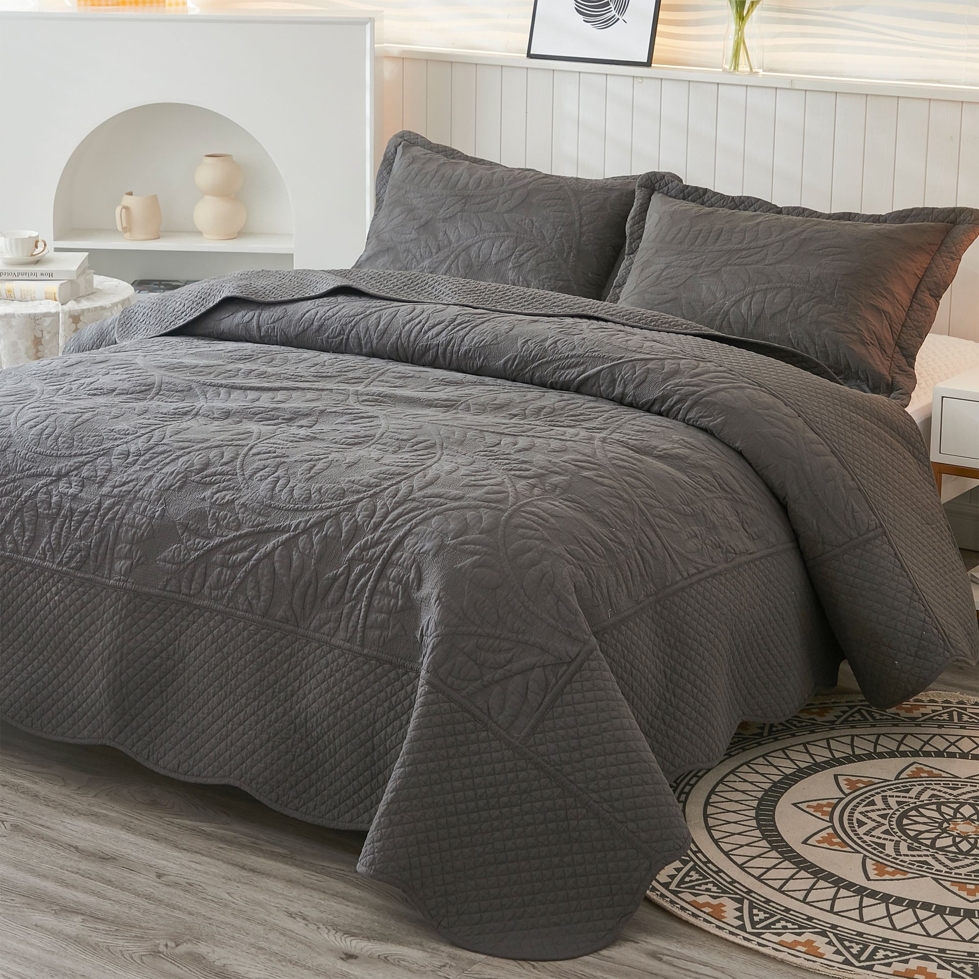 MarCielo  3 Piece Cotton Oversized Bedspread Quilt Set Tmonica Heather Grey - Queen